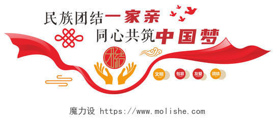 红色简约飘带风格民族团结中国梦文化墙